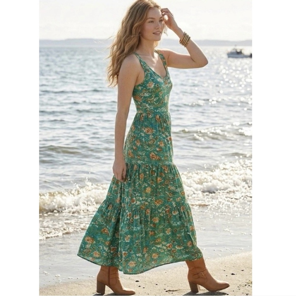 Peruvian Connection Jade Garden Dress Floral Green Tiered Boho Cottage Core M - Picture 2 of 6